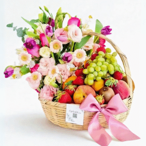 CANASTA DE FLORES Y FRUTAS PREMIUM